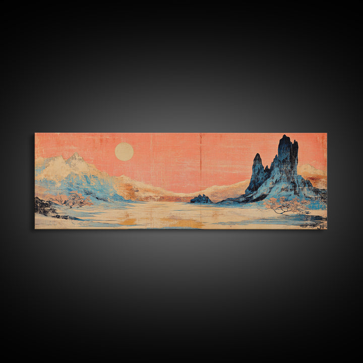 Pastel Desert Mountain Landscape Wall Art, Southwestern Canvas Print, Pink Sky Neutral Decor, Long Horizontal Above Bed Art