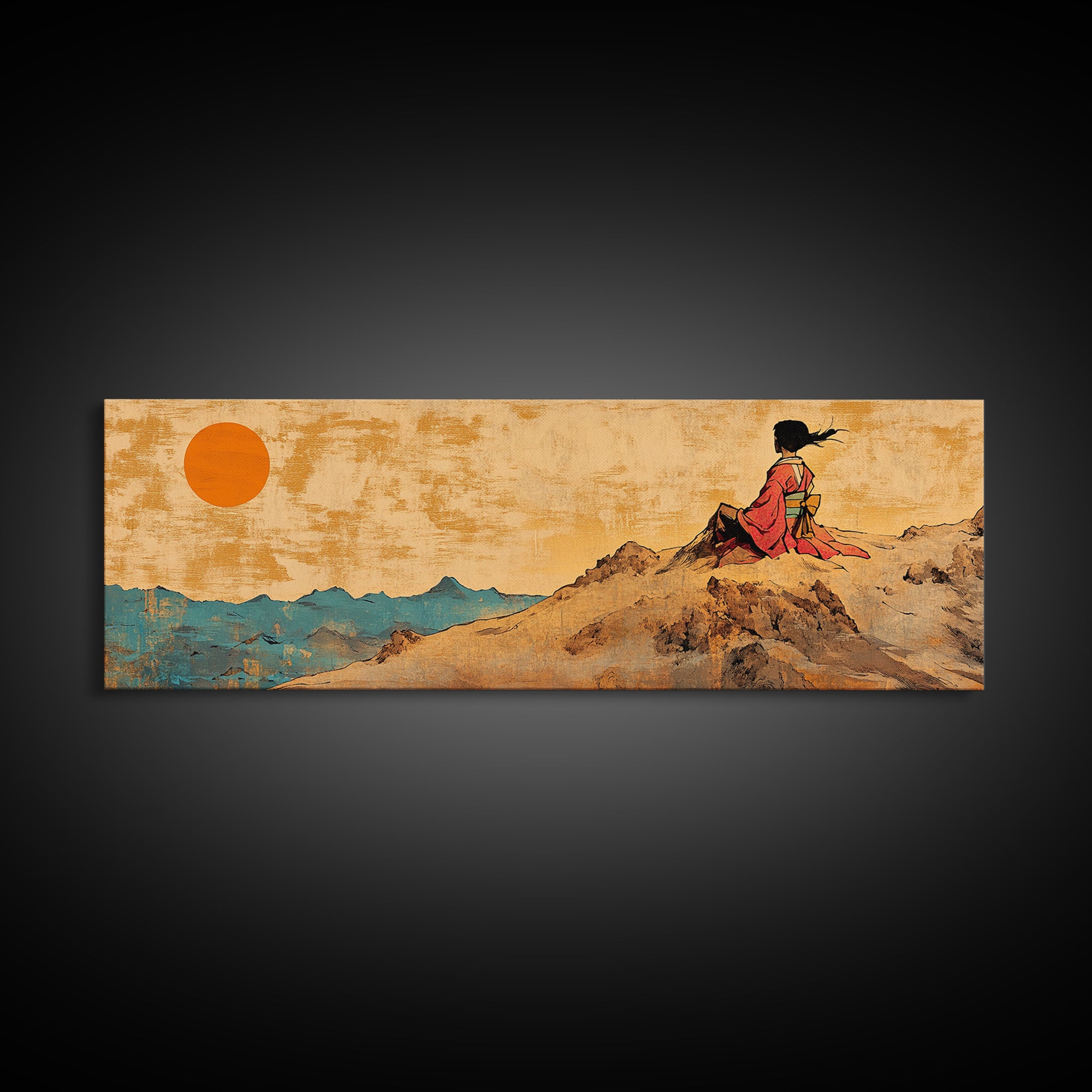 Sunset Woman Cliff Canvas Print, Asian Landscape Wall Art, Warm Desert Mountains, Boho Living Room Decor Housewarming Gift