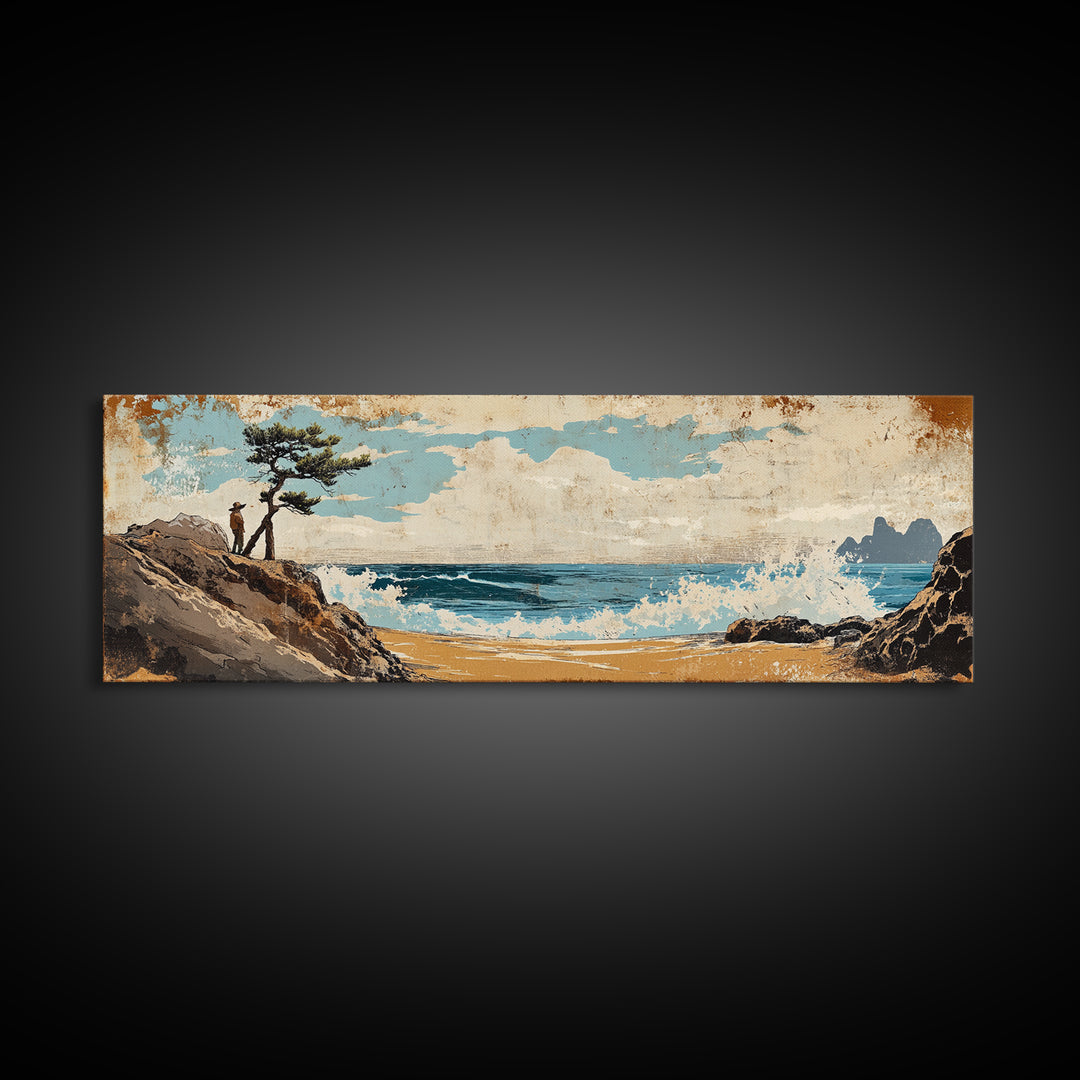 Coastal Lone Pine Beach Canvas Print, Ocean Wave Landscape Wall Art, Rustic Nautical Decor, Large Horizontal Art For Beach House Decor