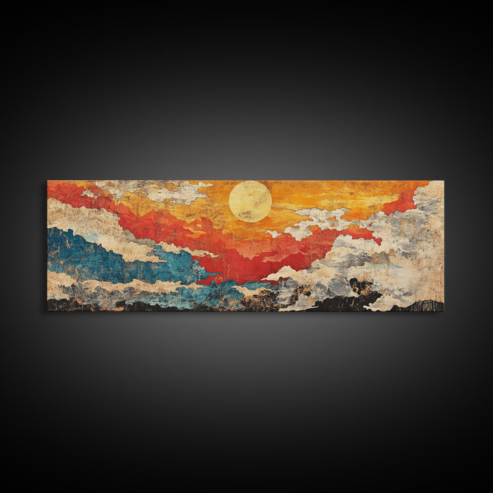 Abstract Red Gold Sunset Canvas Print, Textured Cloudscape Wall Art, Boho Modern Decor, Panoramic Living Room Art, Above Sofa Decor
