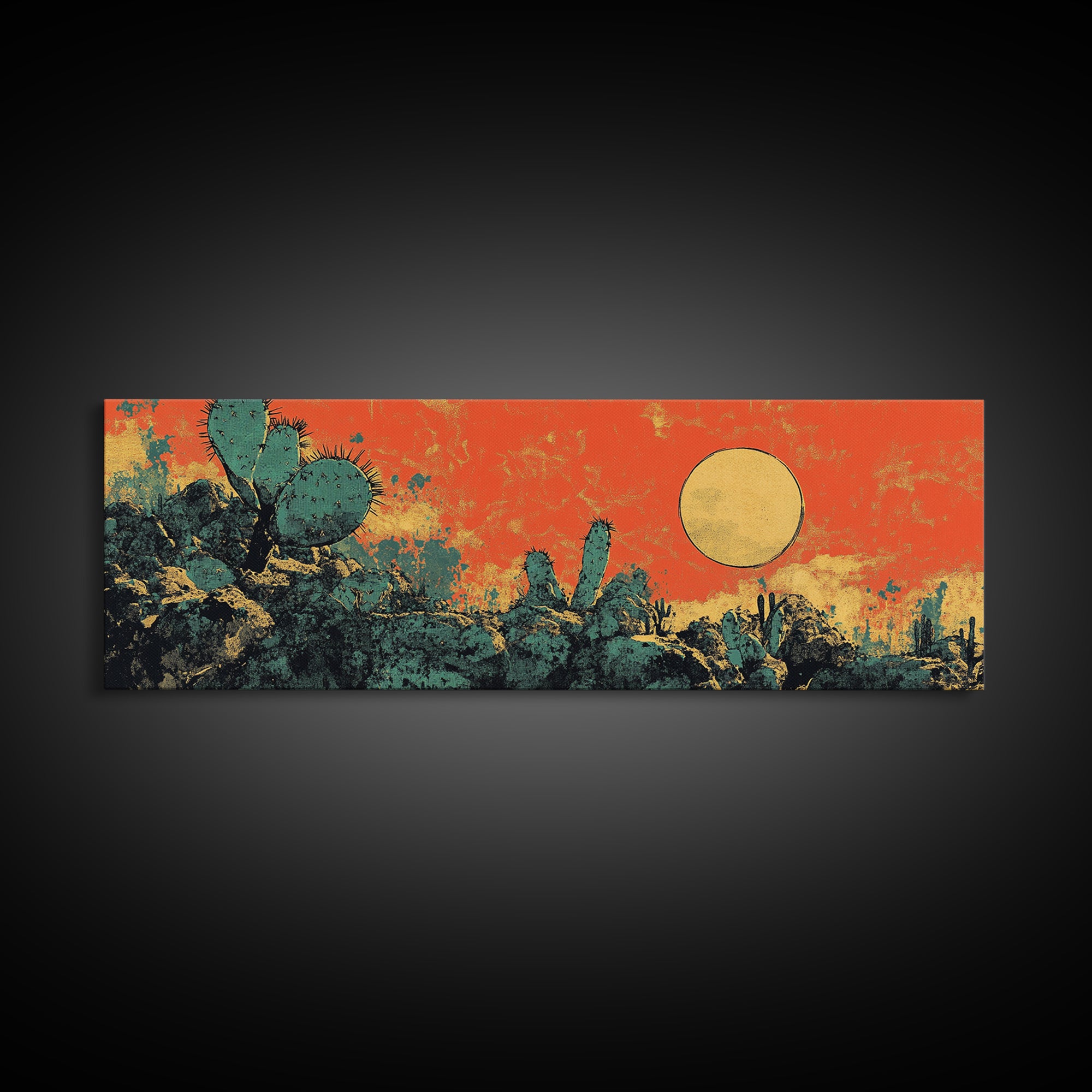 Desert Cactus Sunset Wall Art, Southwestern Landscape Canvas Print, Boho Western Decor, Warm Terracotta Home Decor Gift For Him