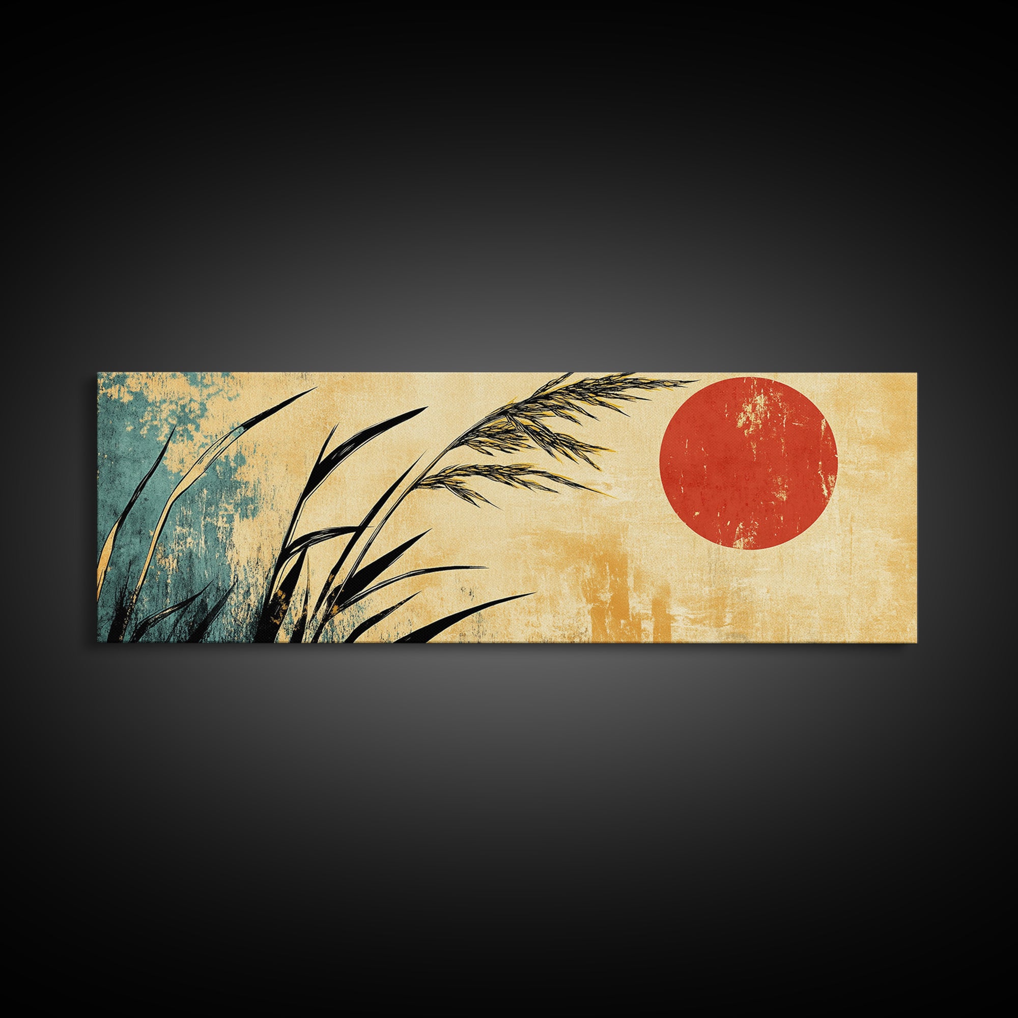 Minimal Reeds And Red Sun Canvas Print, Japanese Wall Art, Zen Home Decor, Japandi Coastal Poster For Calm Living Room Decor
