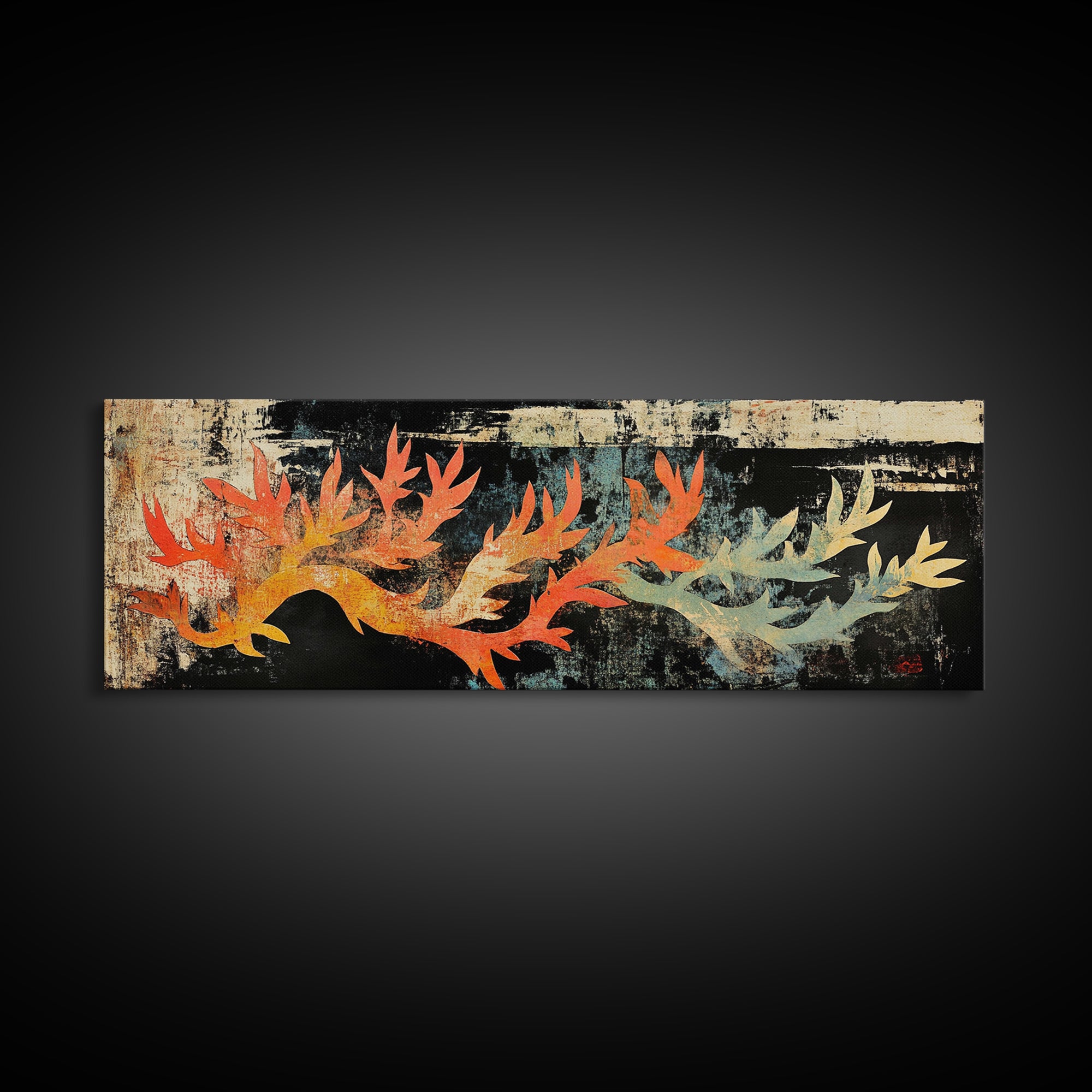 Fiery Coral Branch On Dark Canvas Print, Japanese Ocean Wall Art, Coastal Wall Decor, Nautical Sea Life Statement Art Print