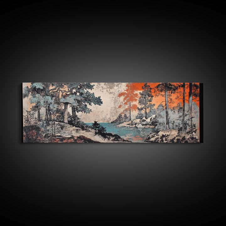 Snowy Pine Forest And Blue Lake Canvas Print, Japanese Landscape Wall Art, Nature Wall Decor, Japandi Winter Home Decor Gift