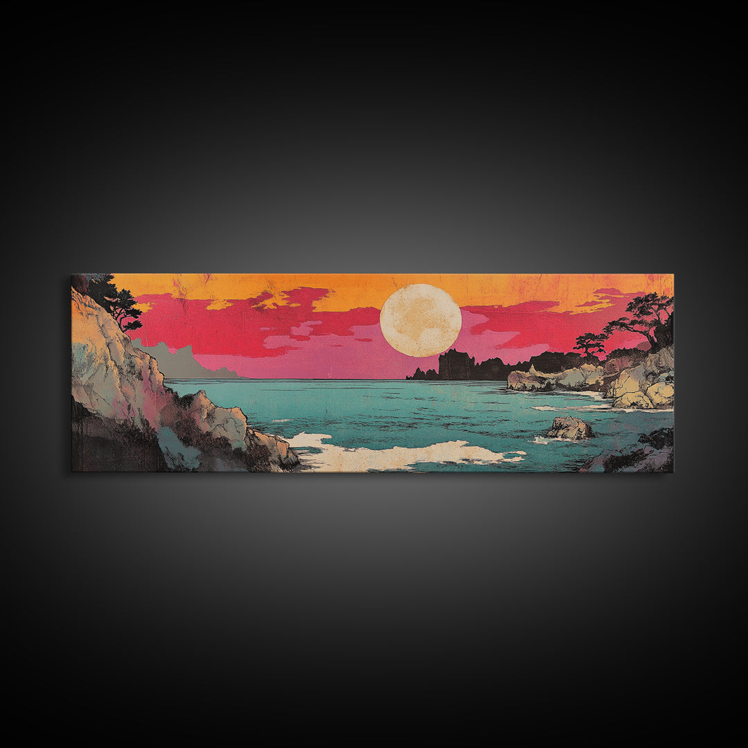 Pink Sunset Over Turquoise Cove Canvas Print, Japanese Coastal Wall Art, Ocean Seascape Decor, Beach House Wall Art Print