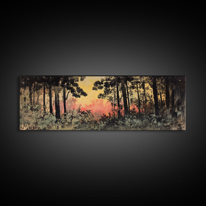 Dark Pine Forest At Pink Sunset Canvas Print, Moody Landscape Wall Art, Nature Wall Decor, Rustic Cabin Decor For Home Gift