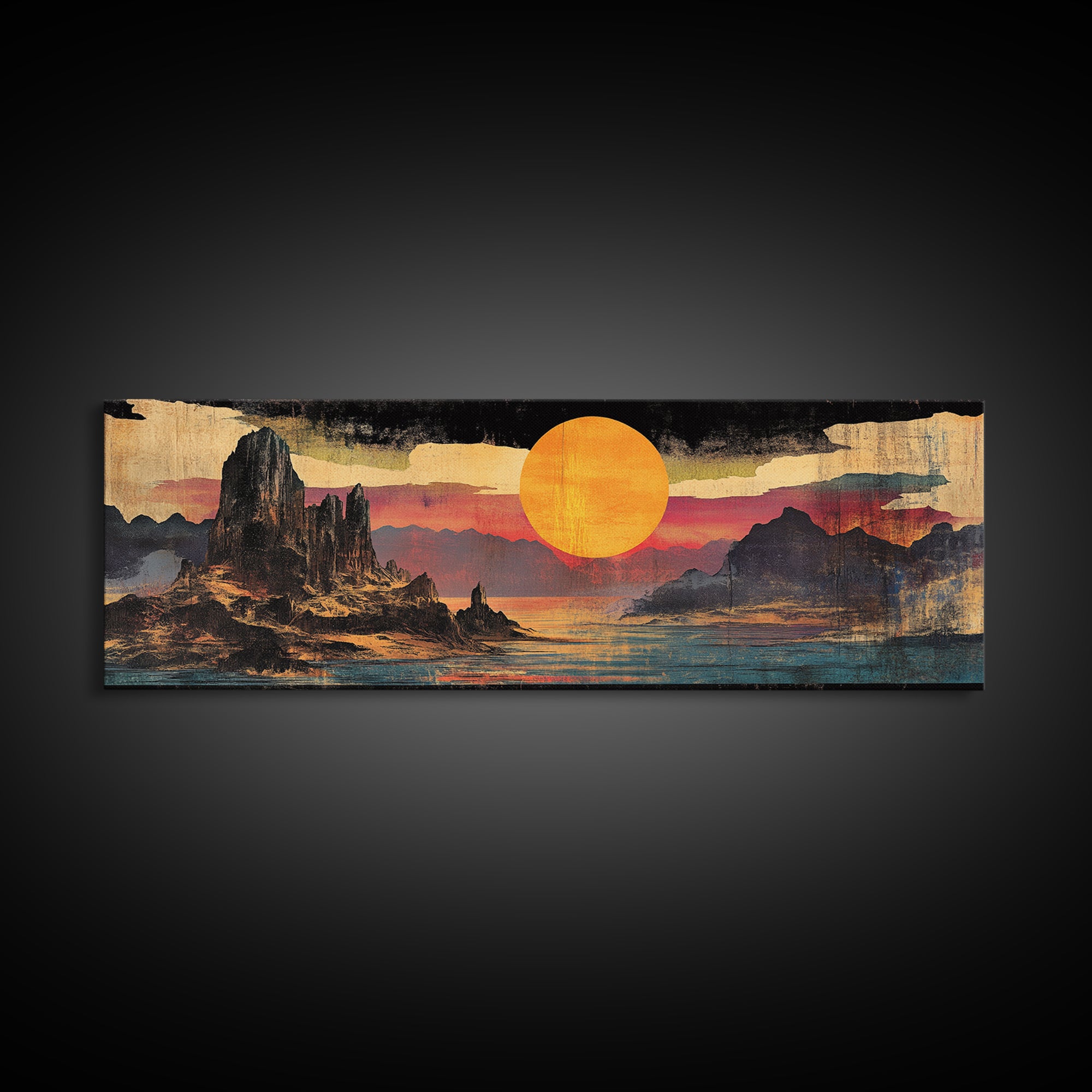 Orange Sun Over Desert Canyon Canvas Print, Southwestern Wall Art, Western Landscape Decor, Large Panoramic Wall Art For Home