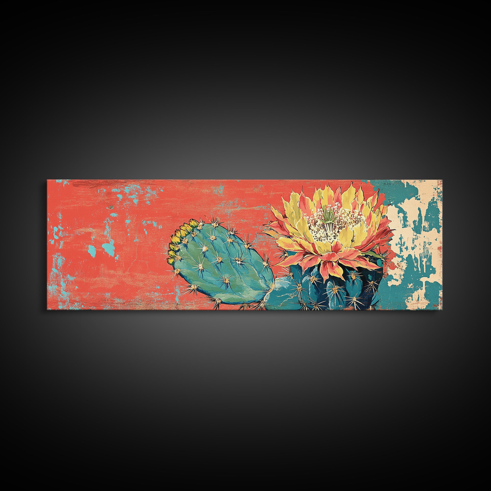 Blooming Desert Cactus On Coral Turquoise Texture Wall Art, Southwestern Canvas Print, Boho Desert Decor, Large Horizontal Art