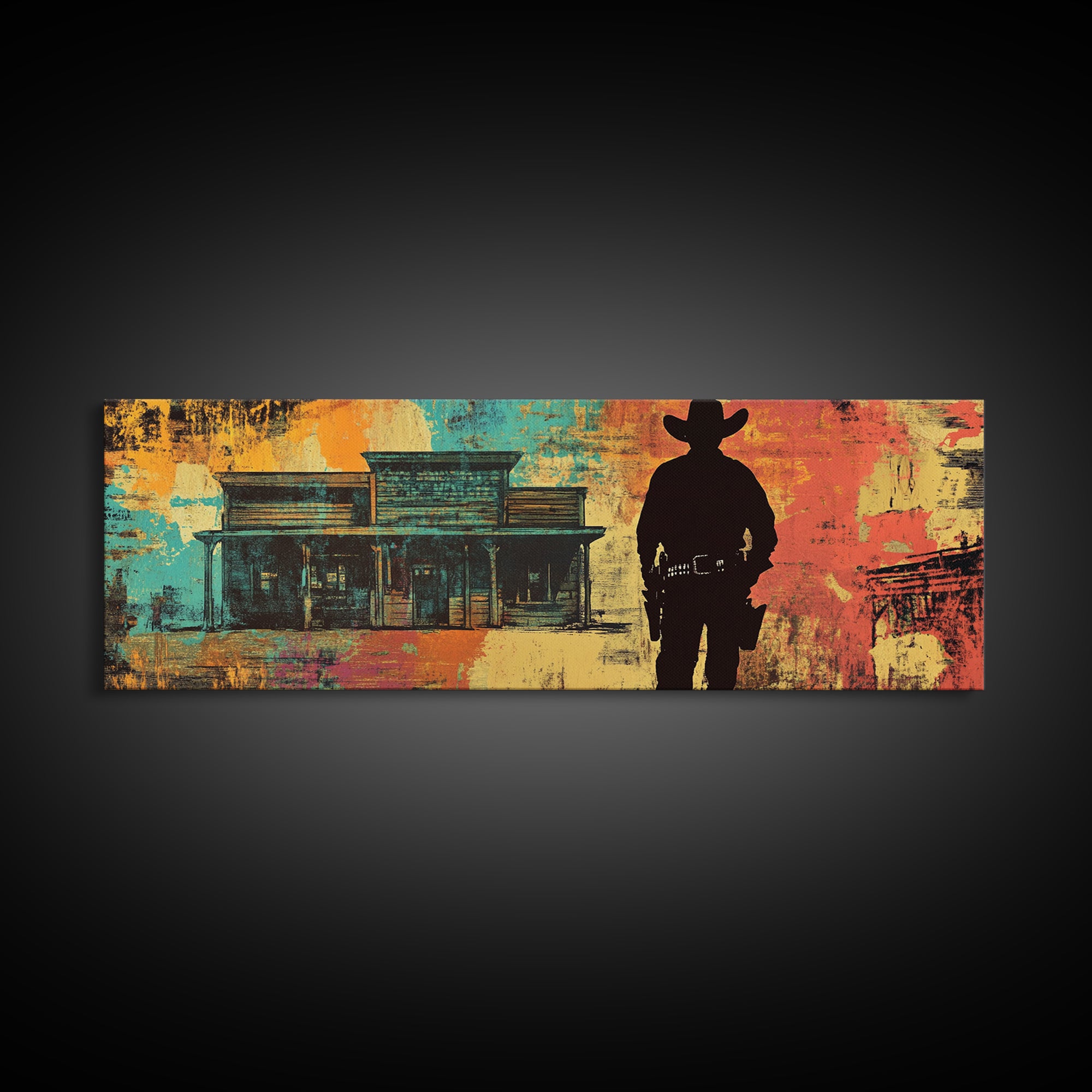 Cowboy Silhouette Beside Old Saloon Wall Art, Western Framed Canvas Print, Rustic Man Cave Decor, Southwest Statement Art