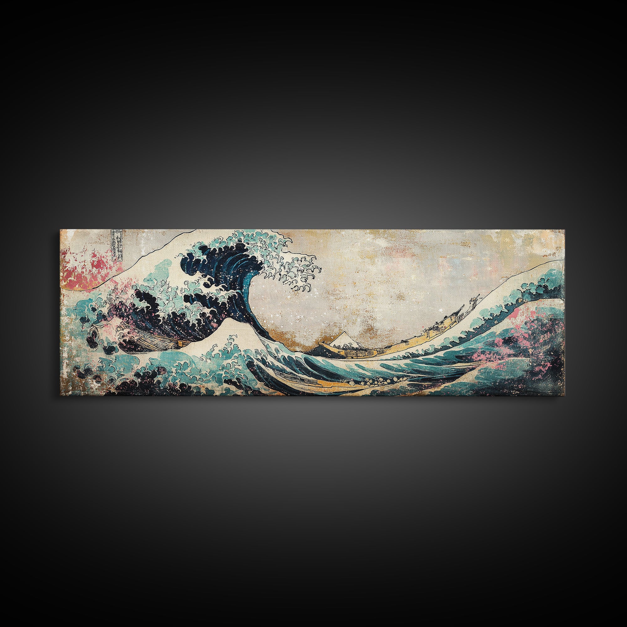 Japanese Great Wave With Soft Pastel Mountains Wall Art, Ukiyo E Framed Canvas Print, Coastal Japandi Decor, Ocean Art Print