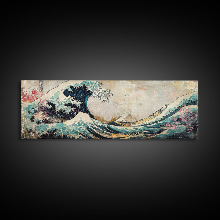Japanese Great Wave With Soft Pastel Mountains Wall Art, Ukiyo E Framed Canvas Print, Coastal Japandi Decor, Ocean Art Print