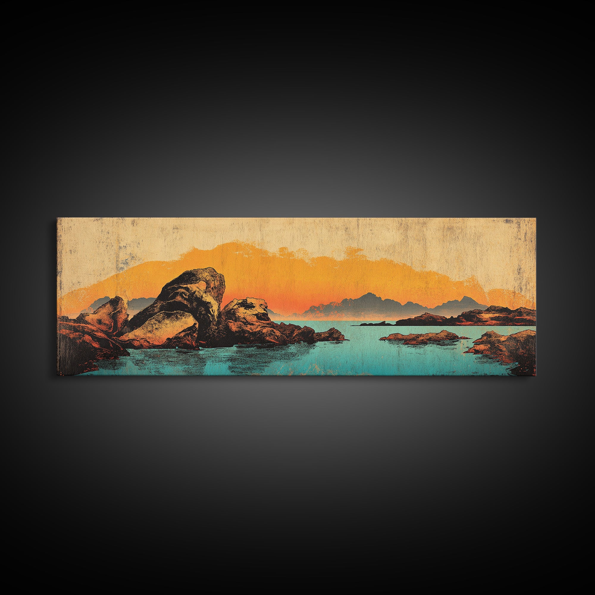 Orange Sunset Mountain Lake With Rocks Wall Art, Southwestern Canvas Print, Rustic Landscape Decor, Large Horizontal Art