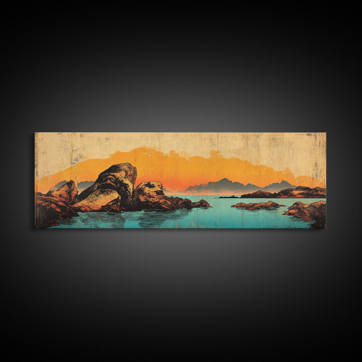 Orange Sunset Mountain Lake With Rocks Wall Art, Southwestern Canvas Print, Rustic Landscape Decor, Large Horizontal Art