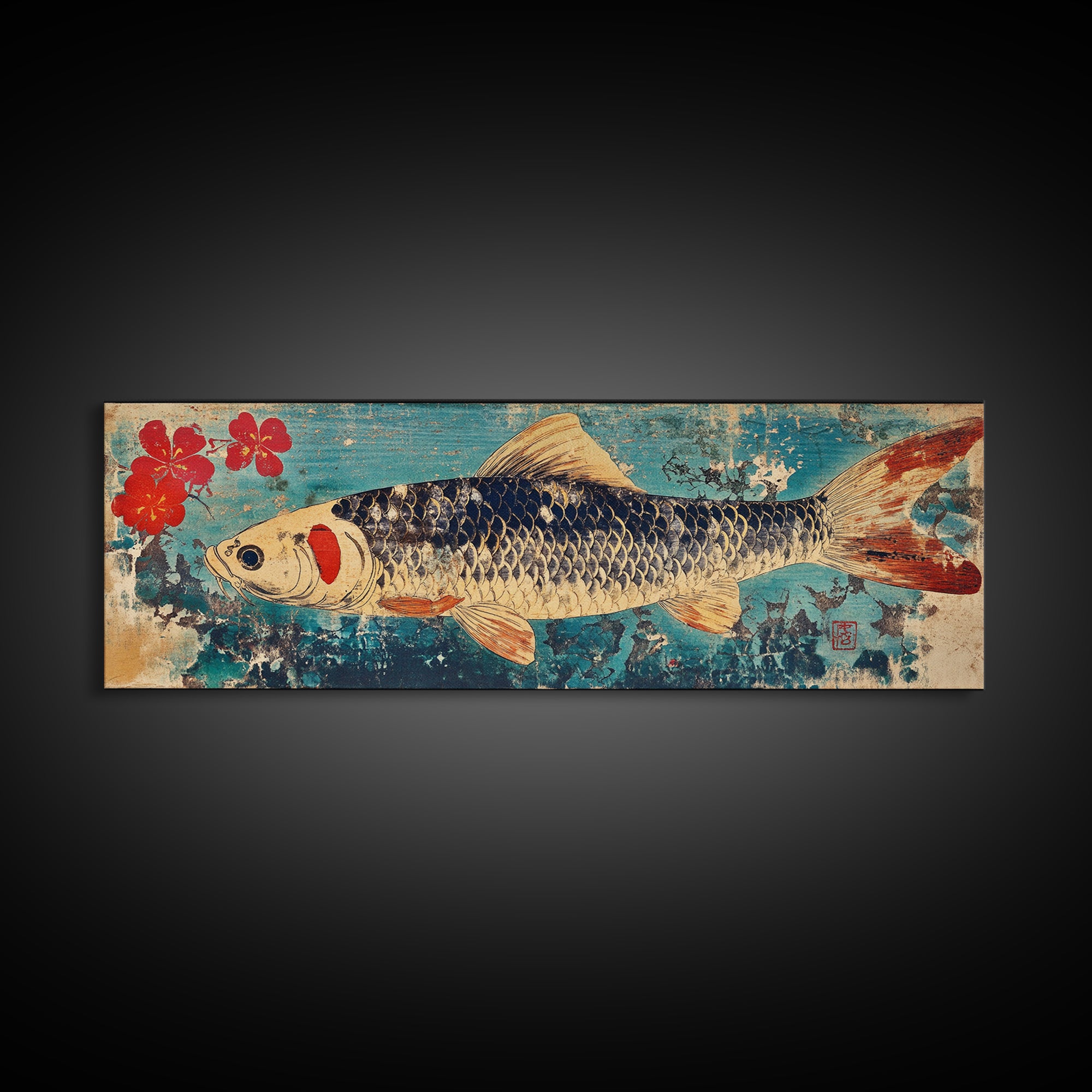 Koi Fish With Red Blossoms On Blue Texture Wall Art, Japanese Framed Canvas Print, Asian Decor, Nature Inspired Art Print