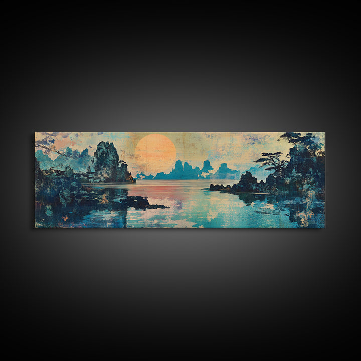 Serene Lake Sunset Framed Canvas Print, Japanese Landscape Wall Art, Coastal Home Decor, Living Room Art, Housewarming Gift