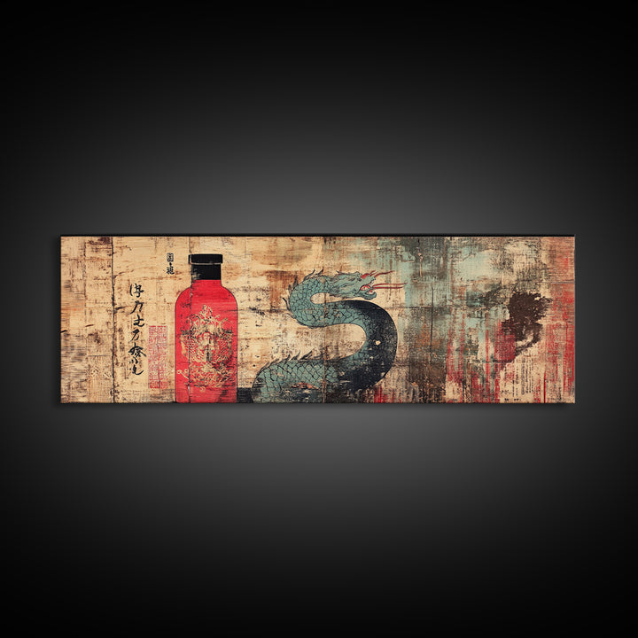 Red Sake Bottle And Dragon Wall Art, Asian Inspired Canvas Print, Japanese Decor, Kitchen Wall Decor, Gift For Him, Home Decor