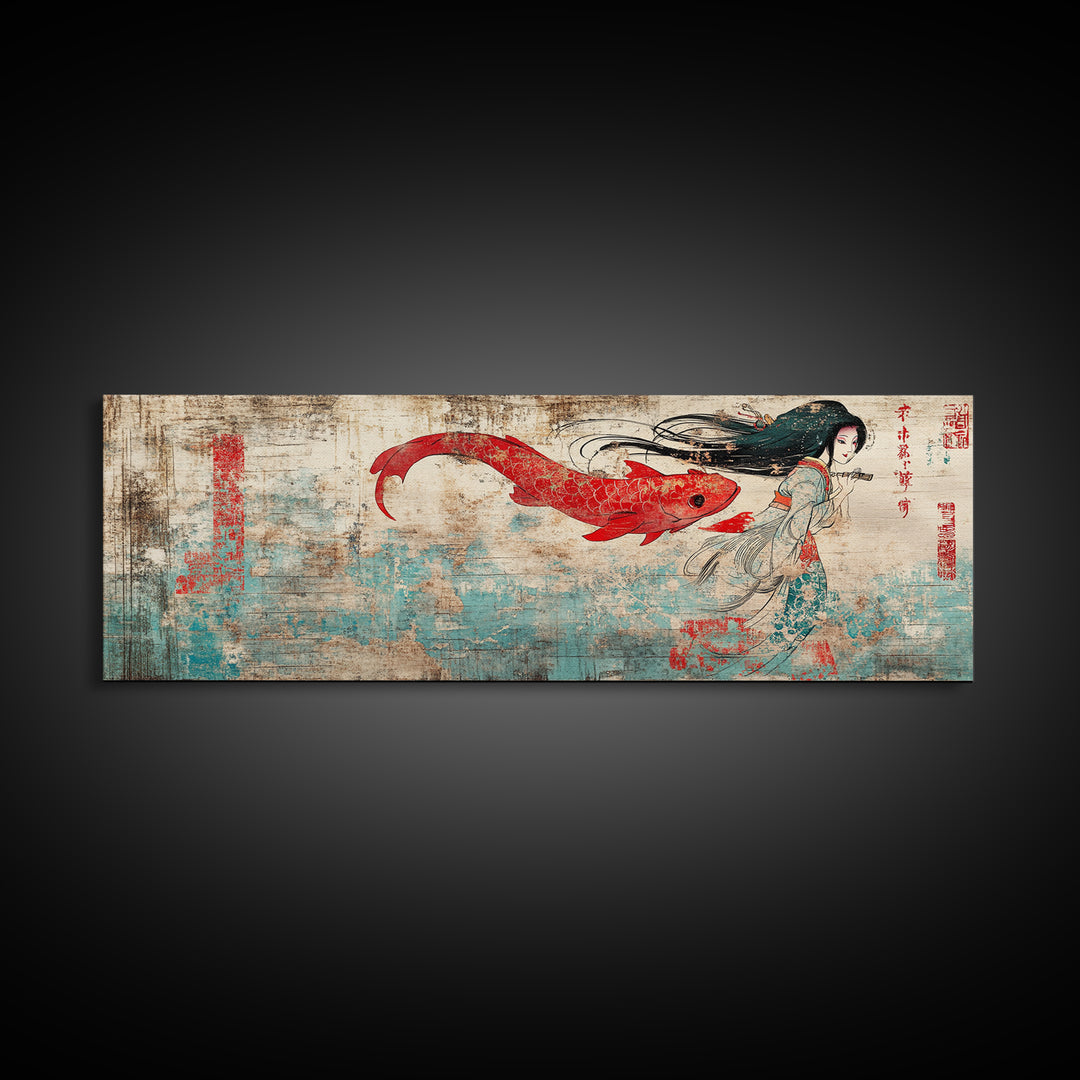 Red Koi Mermaid Wall Art, Asian Fantasy Canvas Print, Japanese Wall Decor, Whimsical Art, Bedroom Decor, Gift For Her, Home Decor