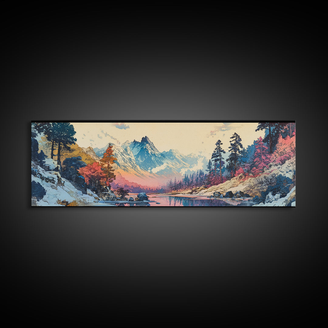 Snowy Mountain River Framed Canvas Print, Japanese Landscape Wall Art, Nature Wall Decor, Cabin Decor, Housewarming Gift