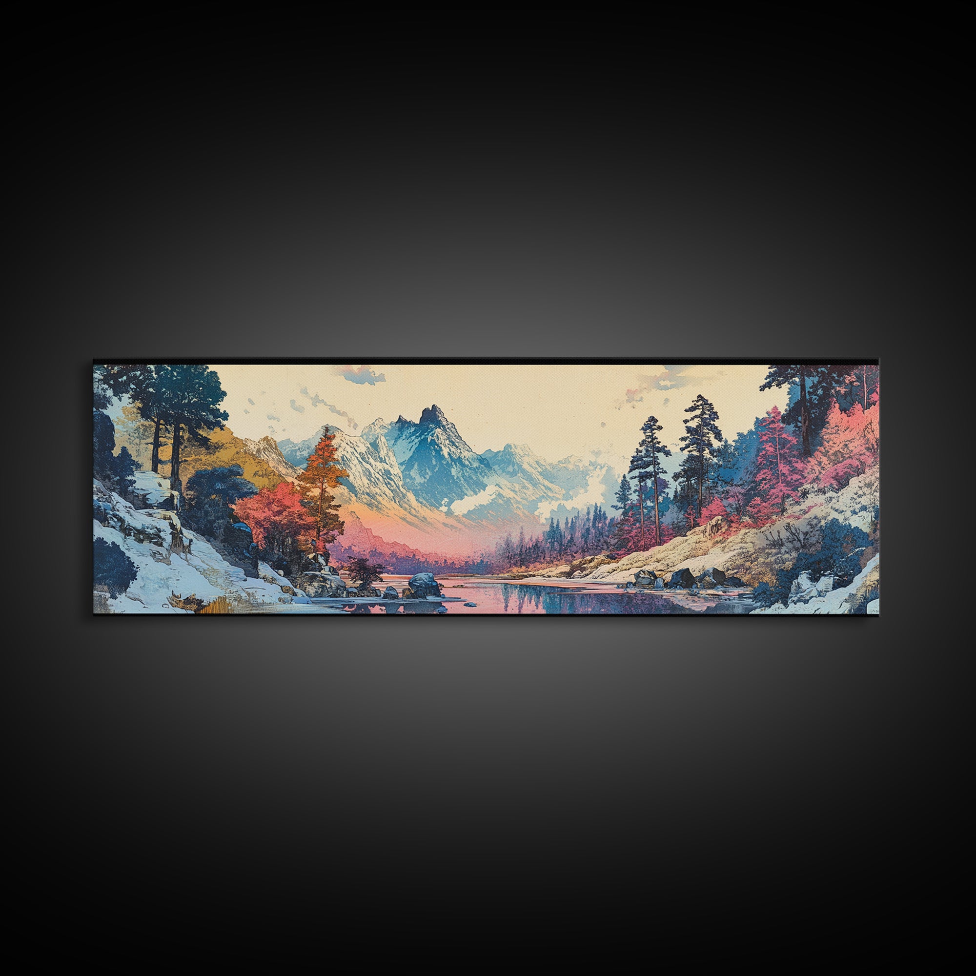 Snowy Mountain River Framed Canvas Print, Japanese Landscape Wall Art, Nature Wall Decor, Cabin Decor, Housewarming Gift