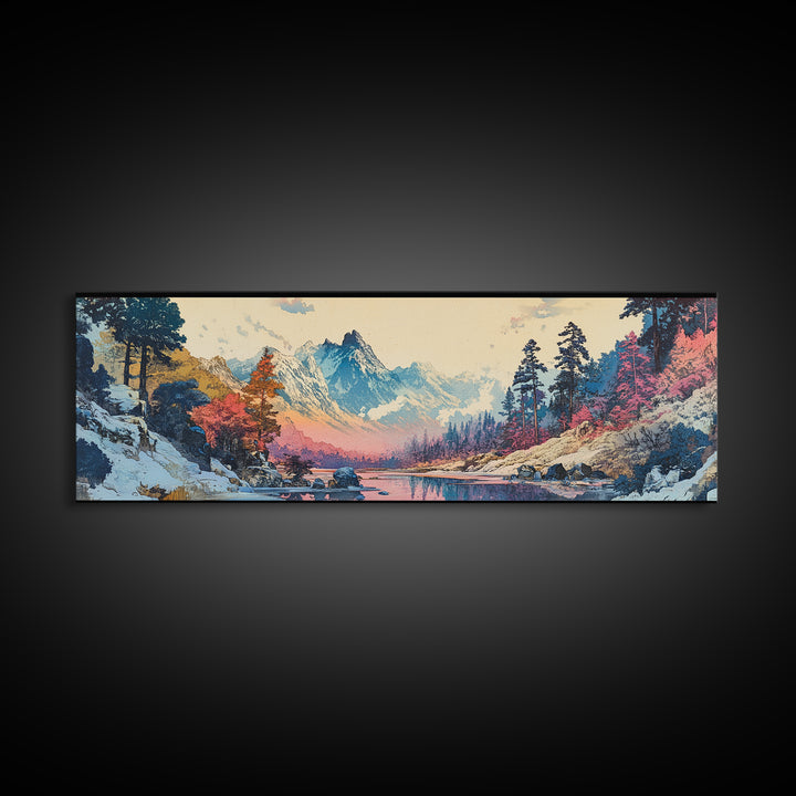Snowy Mountain River Framed Canvas Print, Japanese Landscape Wall Art, Nature Wall Decor, Cabin Decor, Housewarming Gift