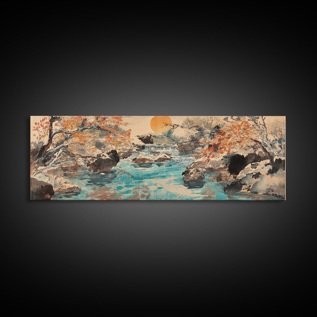 Autumn River Rocks Wall Art, Japanese Landscape Canvas Print, Nature Wall Decor, Rustic Home Decor, Calming Living Room Art