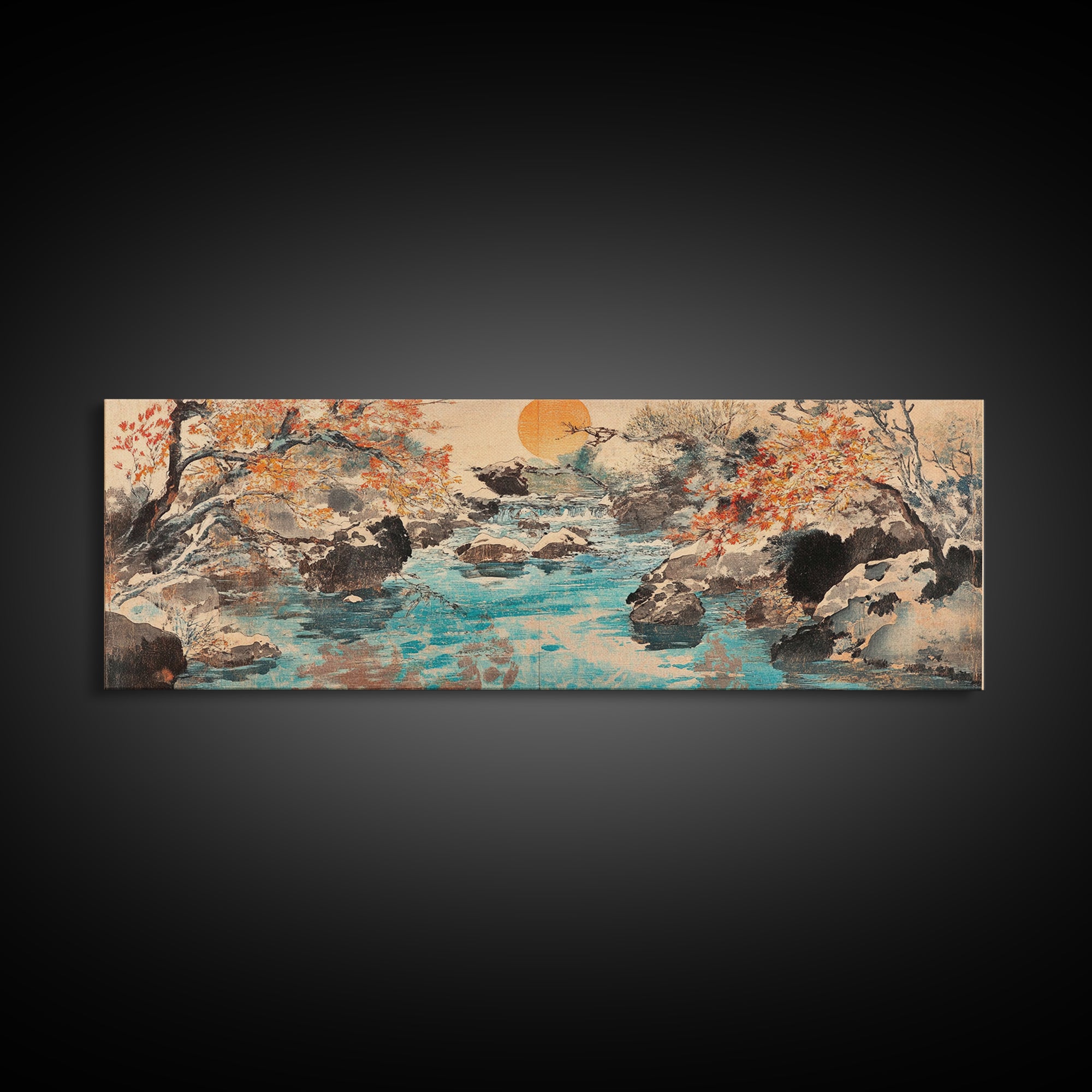 Autumn River Rocks Wall Art, Japanese Landscape Canvas Print, Nature Wall Decor, Rustic Home Decor, Calming Living Room Art