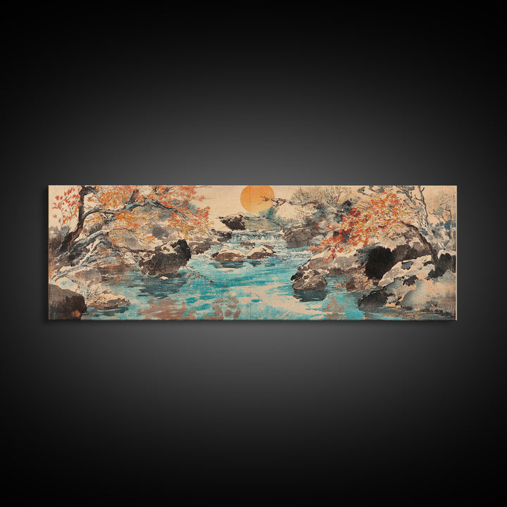 Autumn River Rocks Wall Art, Japanese Landscape Canvas Print, Nature Wall Decor, Rustic Home Decor, Calming Living Room Art