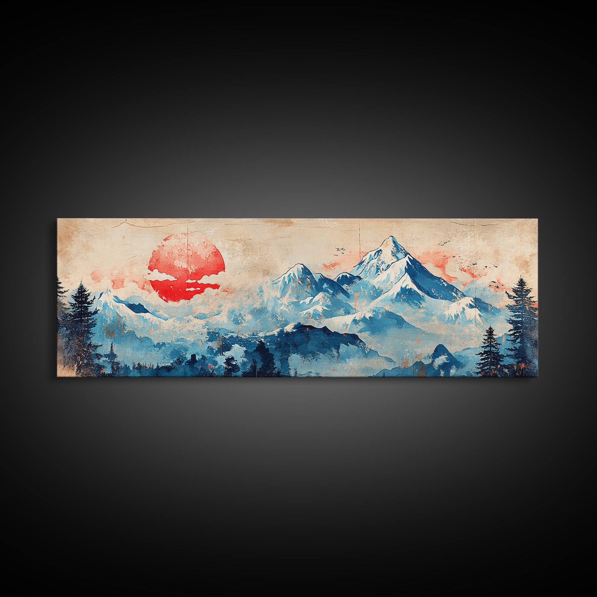Blue Snowy Mountains And Red Sun Wall Art, Japanese Landscape Canvas Print, Minimalist Decor, Above Bed Art, Home Decor Print