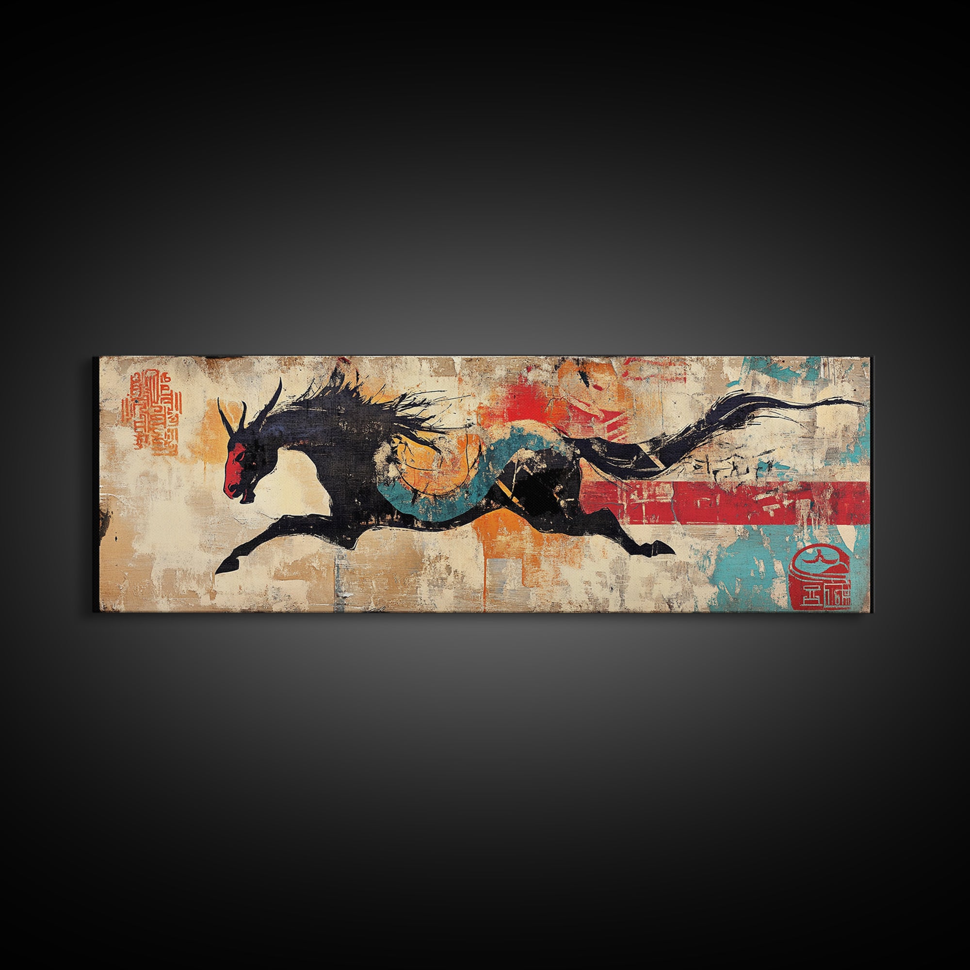Black Dragon Horse Wall Art, Asian Fantasy Canvas Print, Japanese Decor, Mythical Creature Art, Bold Wall Decor, Gift For Him
