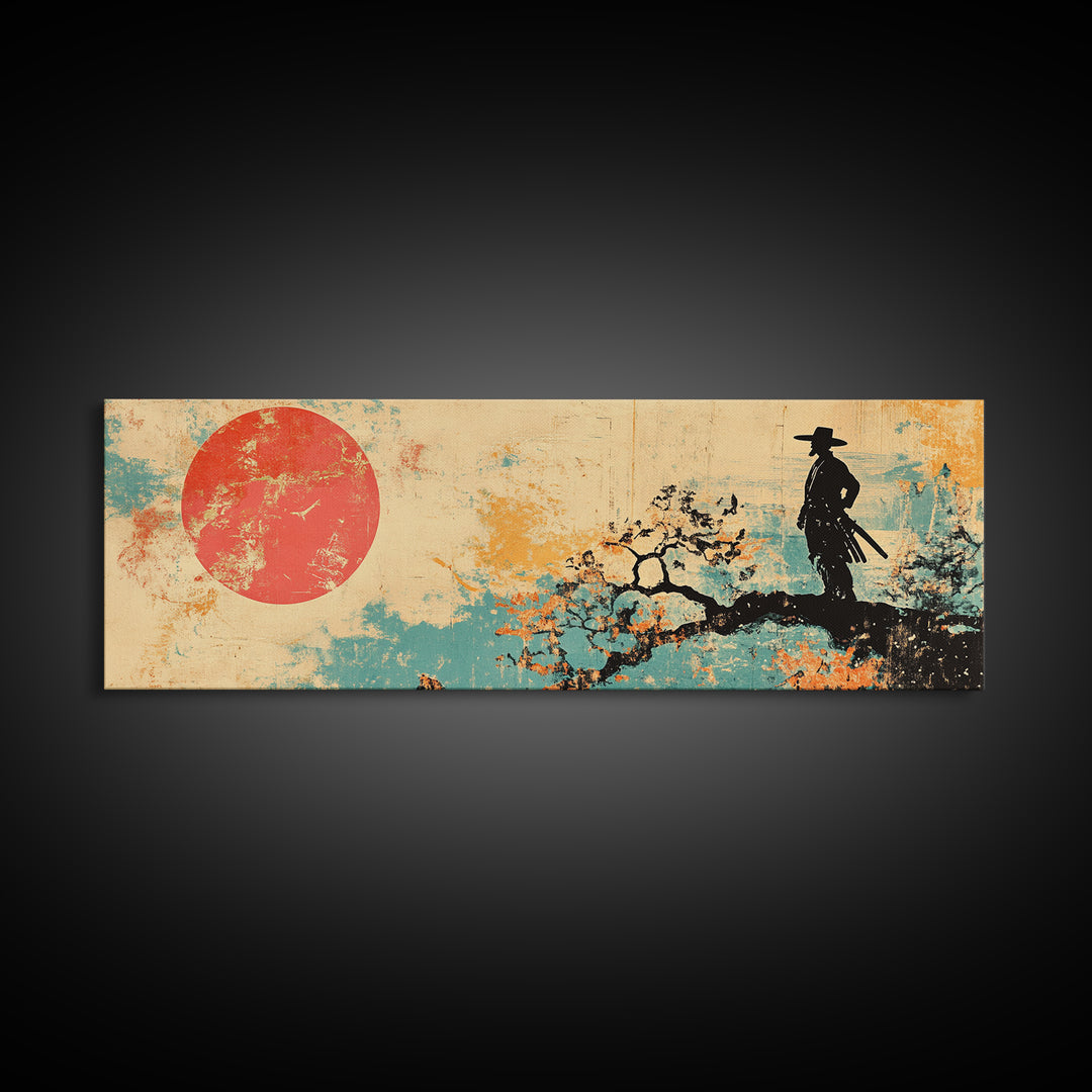 Samurai At Red Sun Wall Art, Japanese Warrior Silhouette Canvas, Asian Inspired Decor, Long Horizontal Zen Landscape Print
