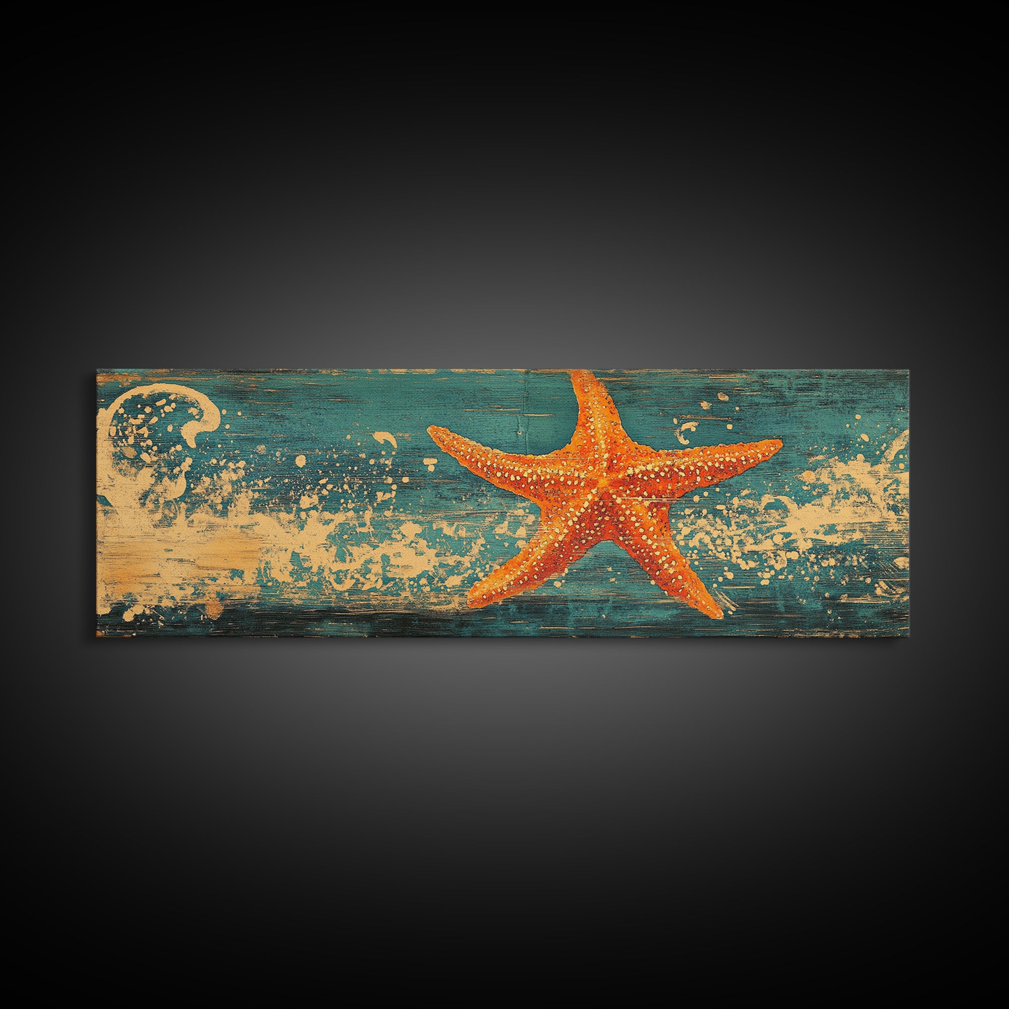 Orange Starfish Wave Wall Art, Coastal Beach Canvas Print, Nautical Bathroom Decor, Tropical Ocean Art For Beach House Decor