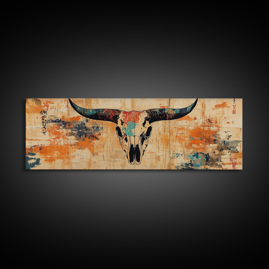 Longhorn Skull Wall Art, Western Rustic Canvas Print, Southwestern Cowboy Decor, Earth Tone Ranch Style Living Room Art Print