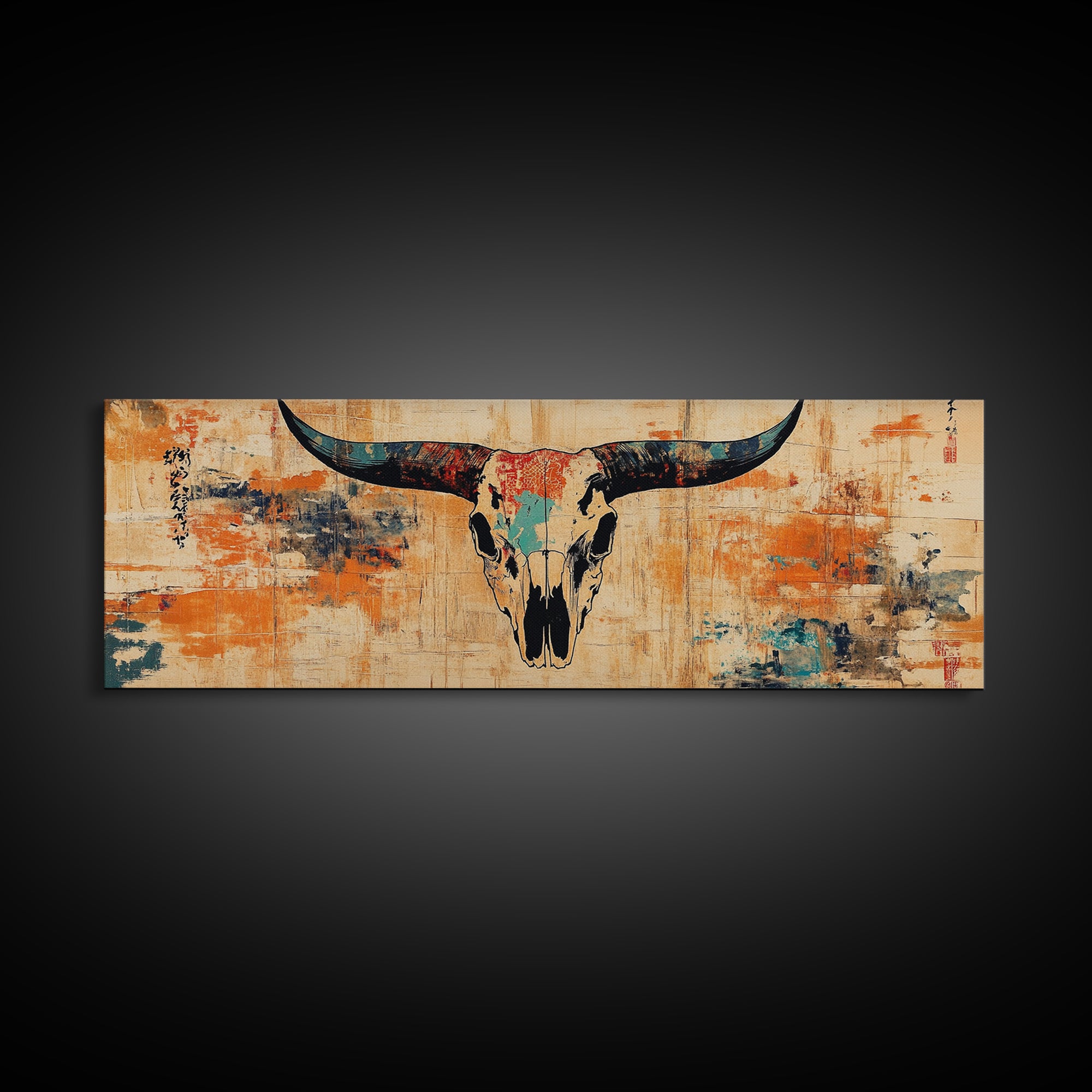 Longhorn Skull Wall Art, Western Rustic Canvas Print, Southwestern Cowboy Decor, Earth Tone Ranch Style Living Room Art Print