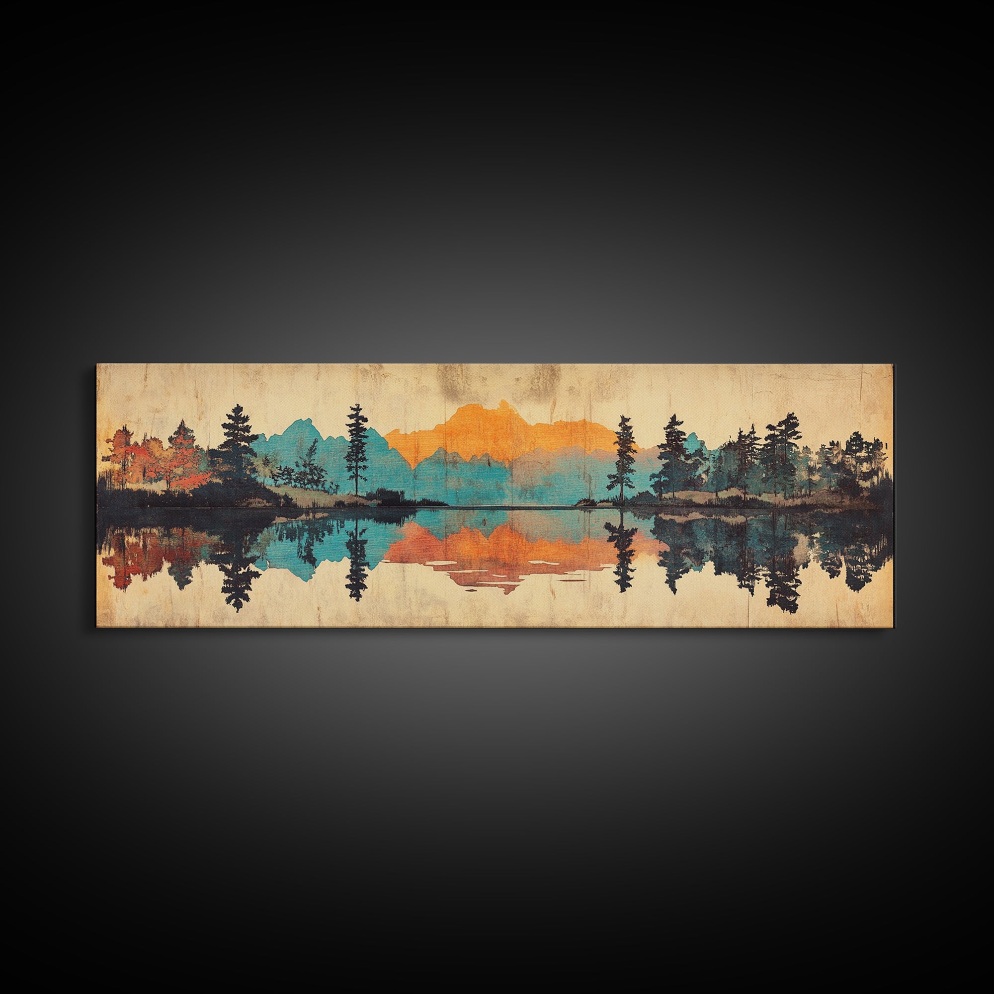 Mountain Lake Reflection Wall Art, Rustic Landscape Canvas Print, Cabin Home Decor, Panoramic Nature Art For Living Room