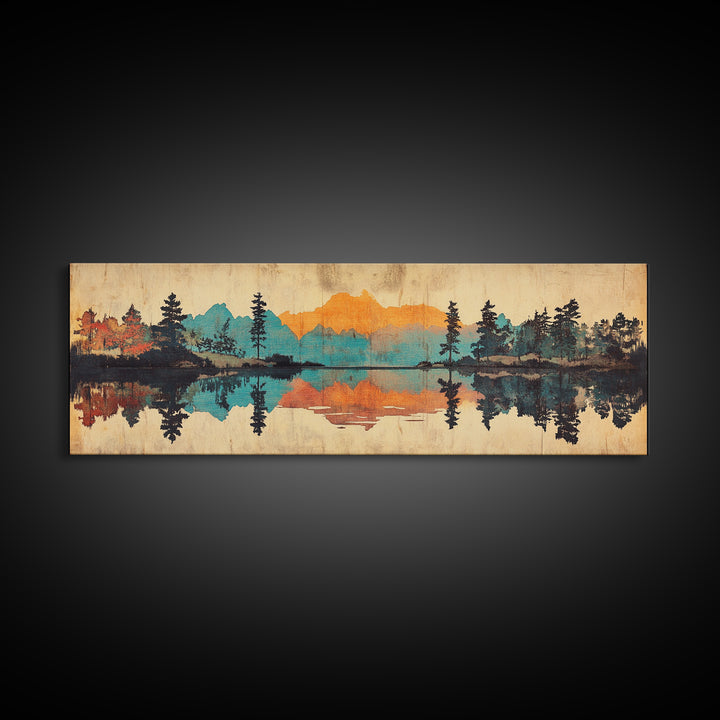 Mountain Lake Reflection Wall Art, Rustic Landscape Canvas Print, Cabin Home Decor, Panoramic Nature Art For Living Room