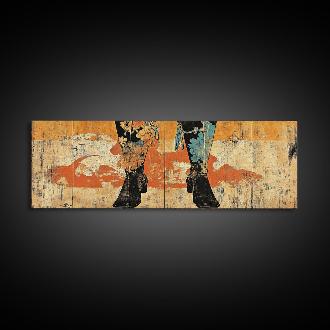 Cowboy Boots And Hat Wall Art, Western Cowgirl Canvas Print, Rustic Ranch Home Decor, Long Horizontal Bedroom Wall Decor