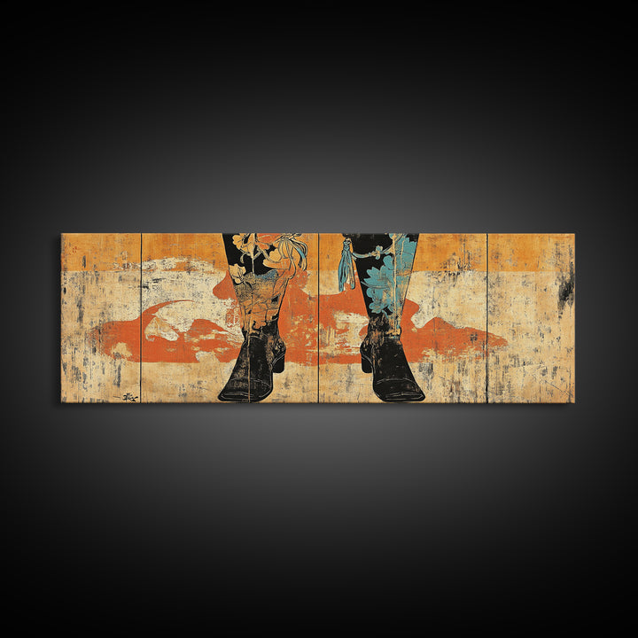 Cowboy Boots And Hat Wall Art, Western Cowgirl Canvas Print, Rustic Ranch Home Decor, Long Horizontal Bedroom Wall Decor