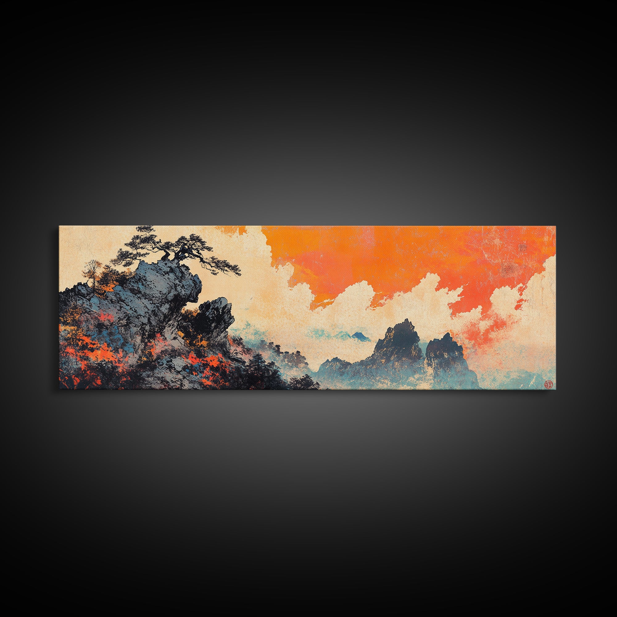 Misty Asian Mountains Wall Art, Orange Sky Landscape Canvas Print, Japanese Zen Home Decor, Dramatic Nature Poster For Living Room