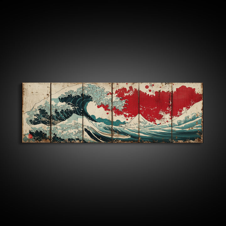 Great Wave Red Sun Wall Art, Japanese Ocean Canvas Print, Coastal Seascape Decor, Panoramic Wave Art Poster For Living Room