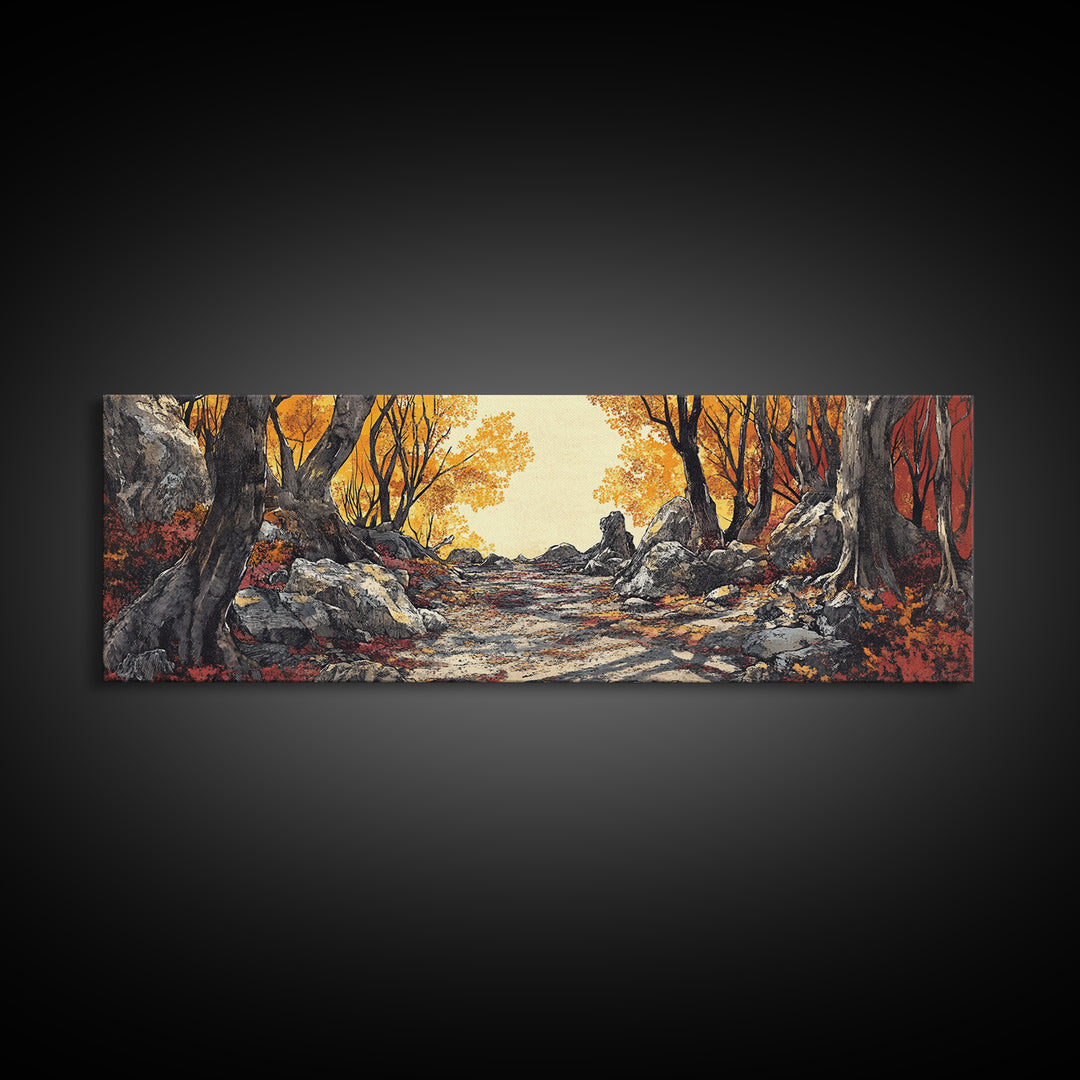 Autumn Forest Path Wall Art, Rustic Landscape Print, Long Horizontal Canvas, Cozy Cabin Decor, Warm Nature Art For Living Room