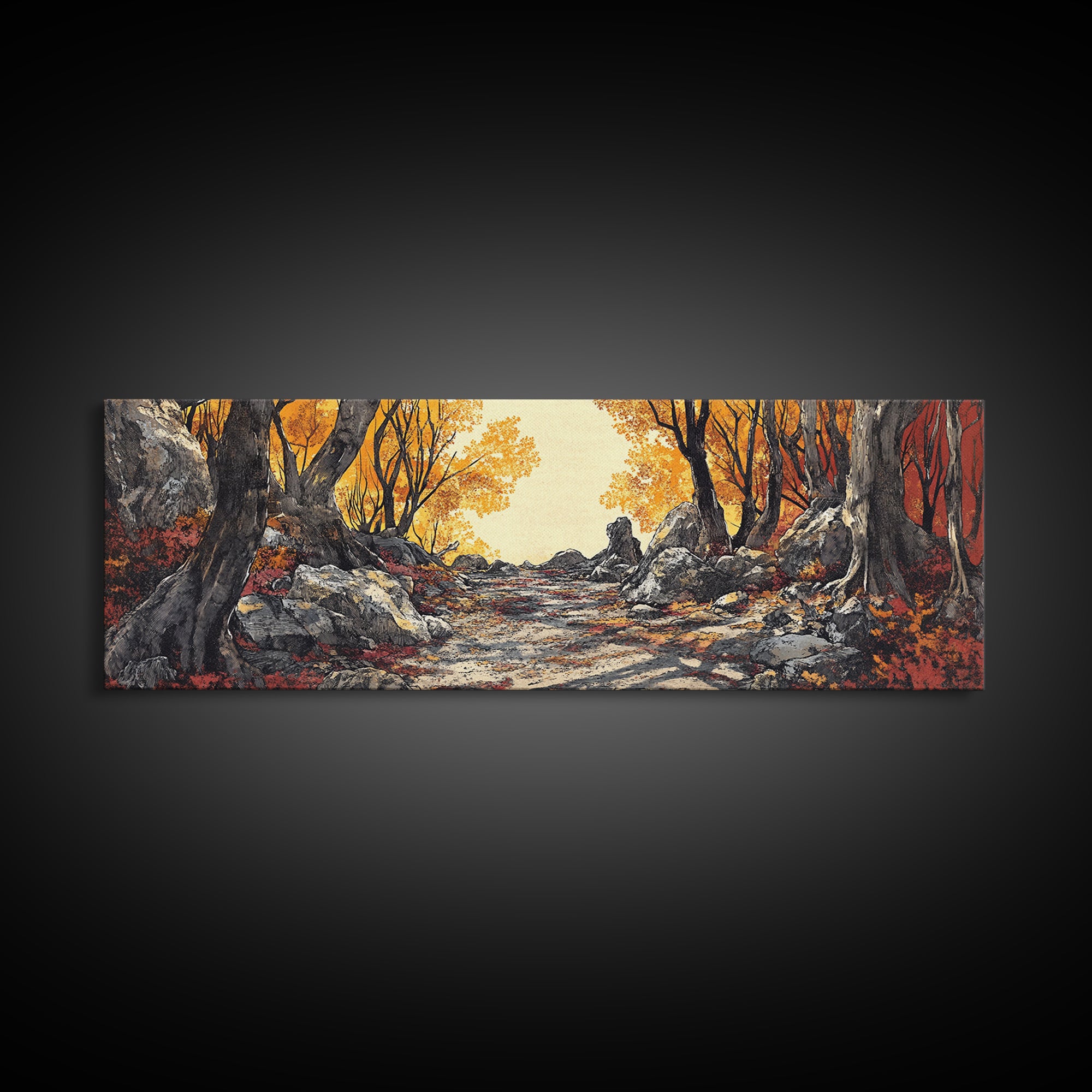 Autumn Forest Path Wall Art, Rustic Landscape Print, Long Horizontal Canvas, Cozy Cabin Decor, Warm Nature Art For Living Room
