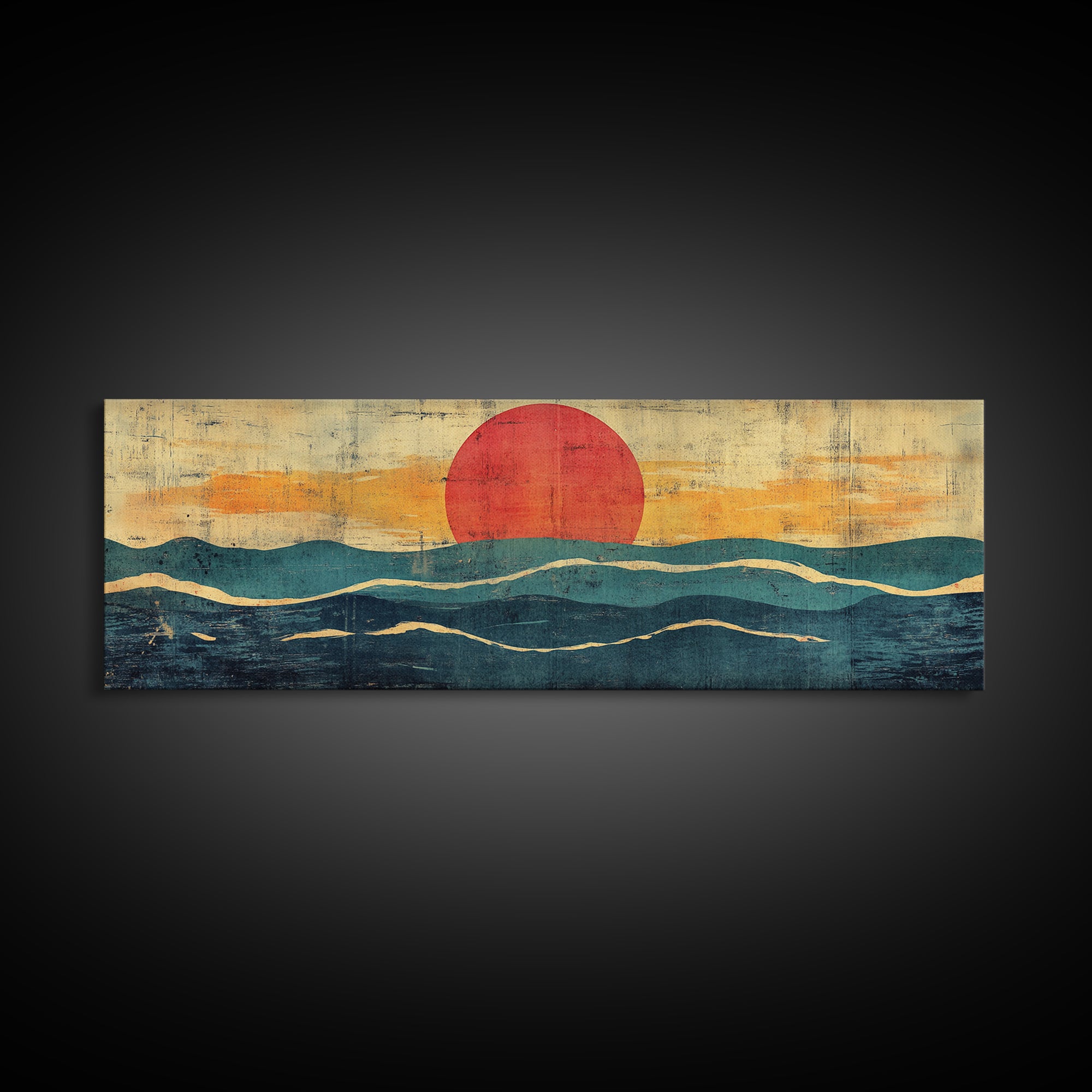 Abstract Ocean Waves Wall Art, Mid Century Coastal Print, Red Sun Seascape, Retro Minimalist Decor For Modern Living Room