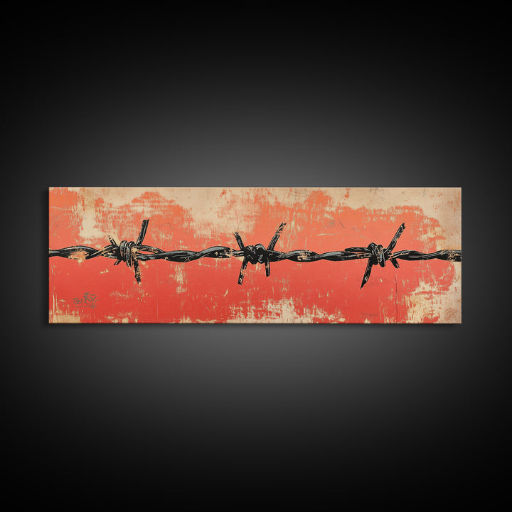 Barbed Wire Fence Wall Art, Western Rustic Print, Industrial Farmhouse Decor, Orange Grunge Canvas For Man Cave Or Office