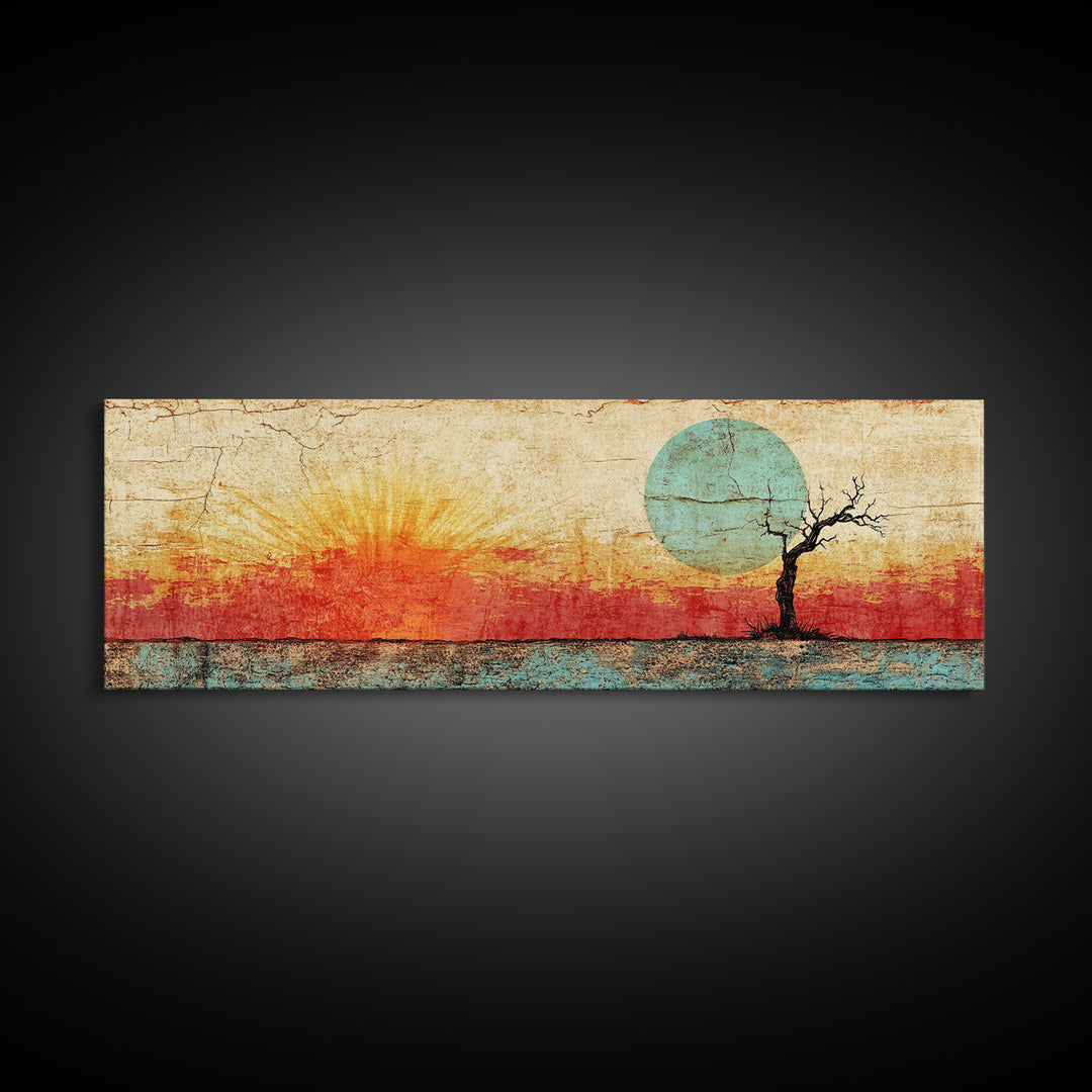Lone Tree Sunrise Wall Art, Abstract Desert Landscape Print, Mid Century Wabi Sabi Decor, Warm Minimalist Canvas For Living Room