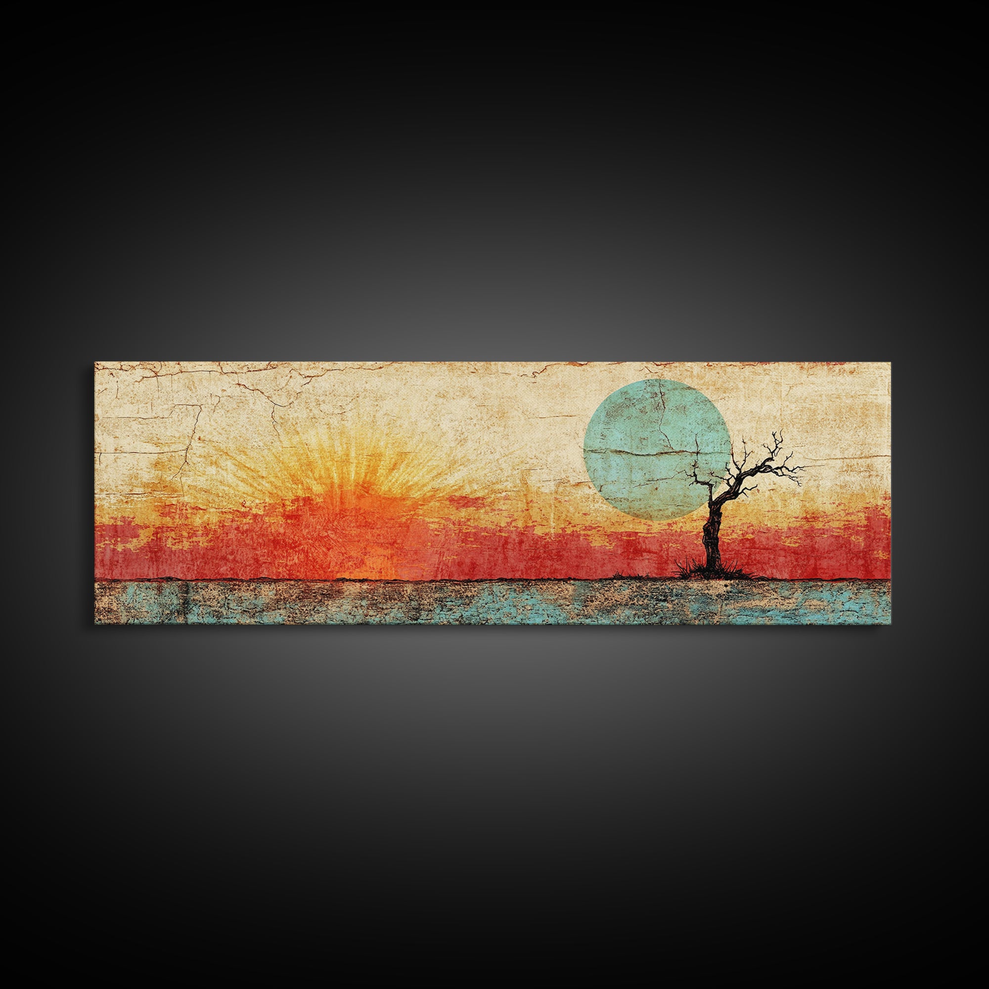 Lone Tree Sunrise Wall Art, Abstract Desert Landscape Print, Mid Century Wabi Sabi Decor, Warm Minimalist Canvas For Living Room