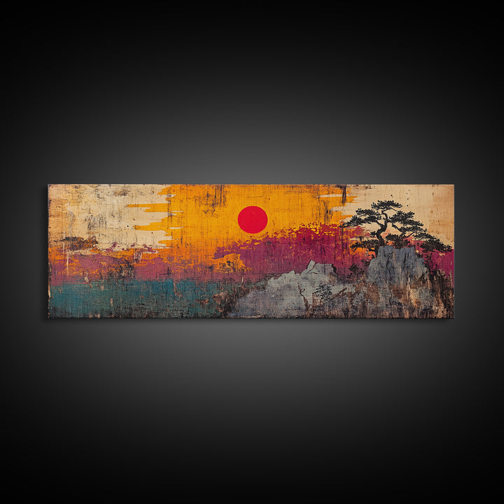 Abstract Mountain Sunset Canvas Print, Japanese Inspired Landscape Wall Art, Bold Orange Teal Decor, Modern Rustic Living Room Print