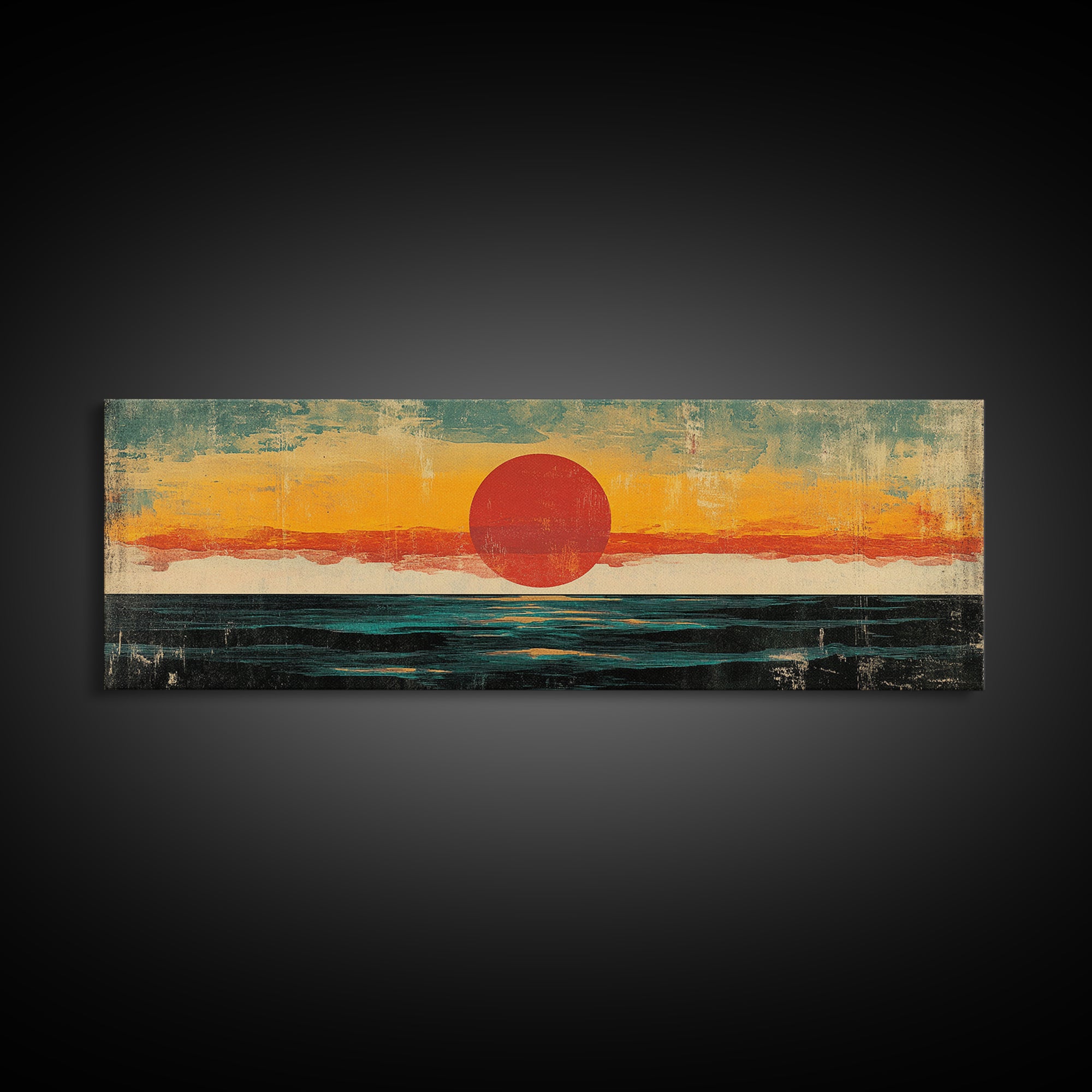 Minimalist Red Sun Ocean Wall Art, Abstract Coastal Landscape Print, Mid Century Modern Decor, Long Horizontal Canvas For Bedroom