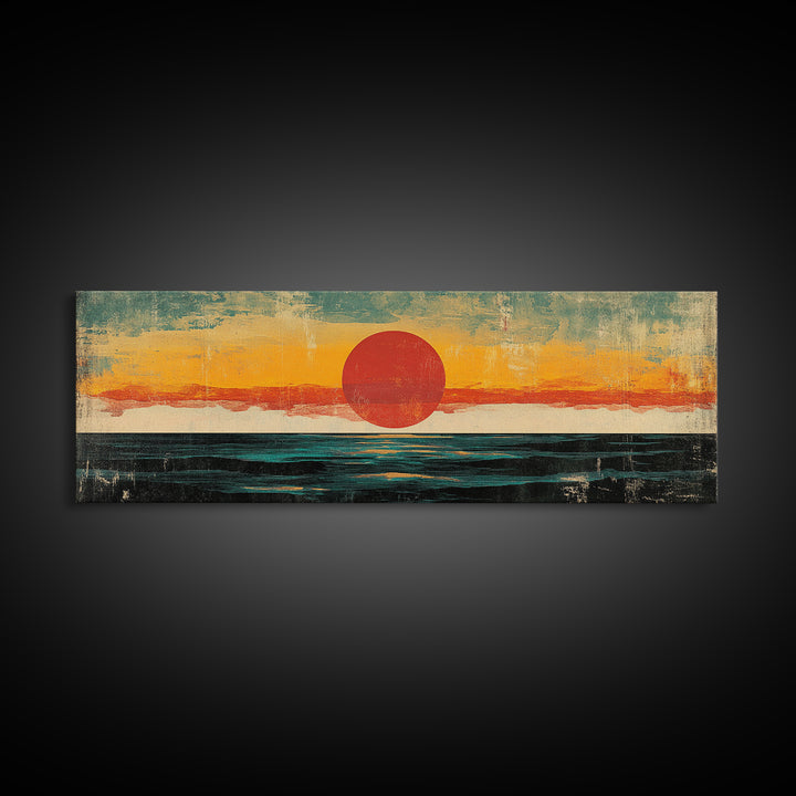 Minimalist Red Sun Ocean Wall Art, Abstract Coastal Landscape Print, Mid Century Modern Decor, Long Horizontal Canvas For Bedroom