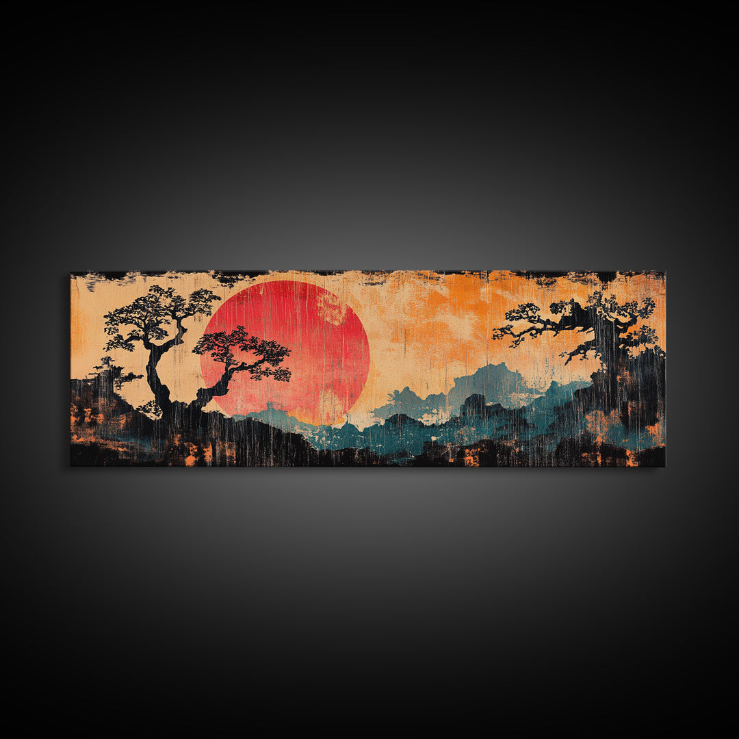 Crimson Sun Behind Misty Mountains Wall Art, Japanese Landscape Canvas Print, Pine Forest Decor, Panoramic Living Room Art