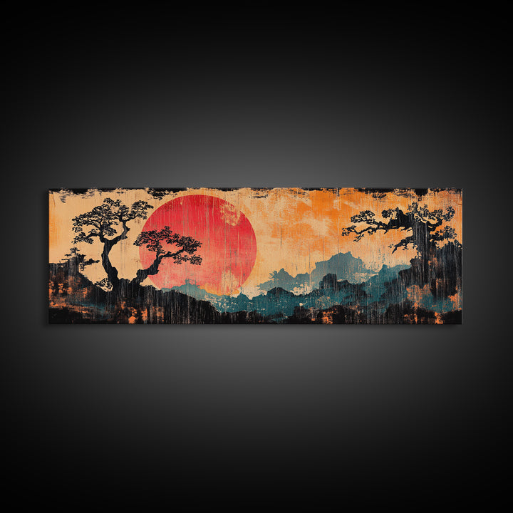 Crimson Sun Behind Misty Mountains Wall Art, Japanese Landscape Canvas Print, Pine Forest Decor, Panoramic Living Room Art